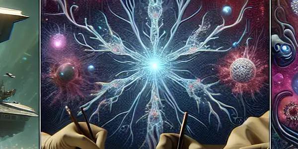 《三体第三季》主要角色在太空战舰中互动，背景为黑暗森林和水滴微观结构。